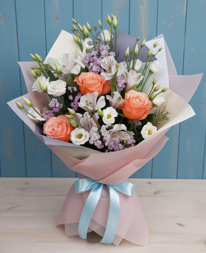 Букет цветов из: Лизиантусы, Розы, Альстромерии и Гипсофила в Старомышастовской