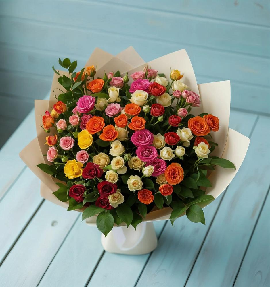 Букет Микс из разноцветных кустовых роз в Старомышастовской