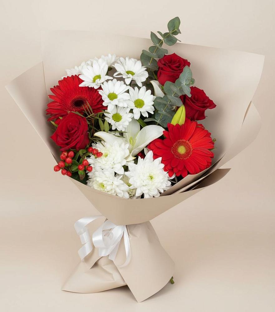 Букет цветов из: Розы, Хризантемы, Герберы и Лилии в Старомышастовской