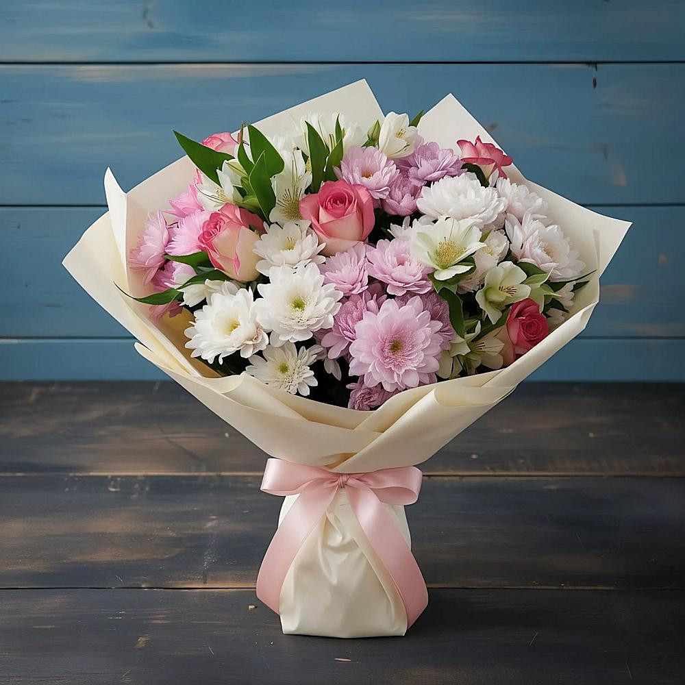 Букет цветов из: Хризантемы, Альстромерии и Розы в Старомышастовской